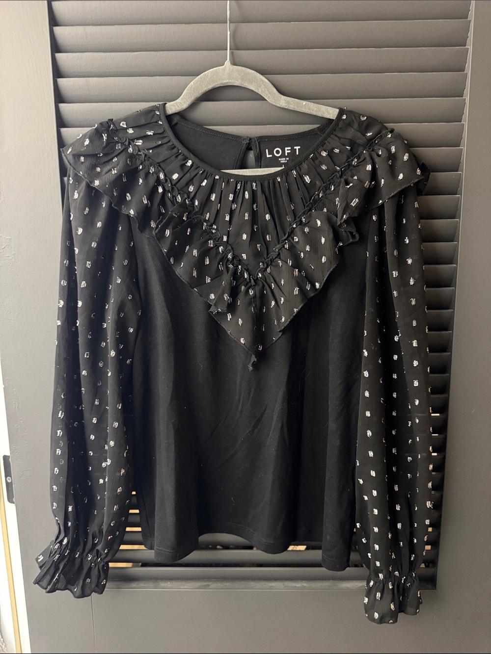 LOFT Black Ruffle-Yoke Long Sleeve Blouse with Metallic Silver Dot Accent